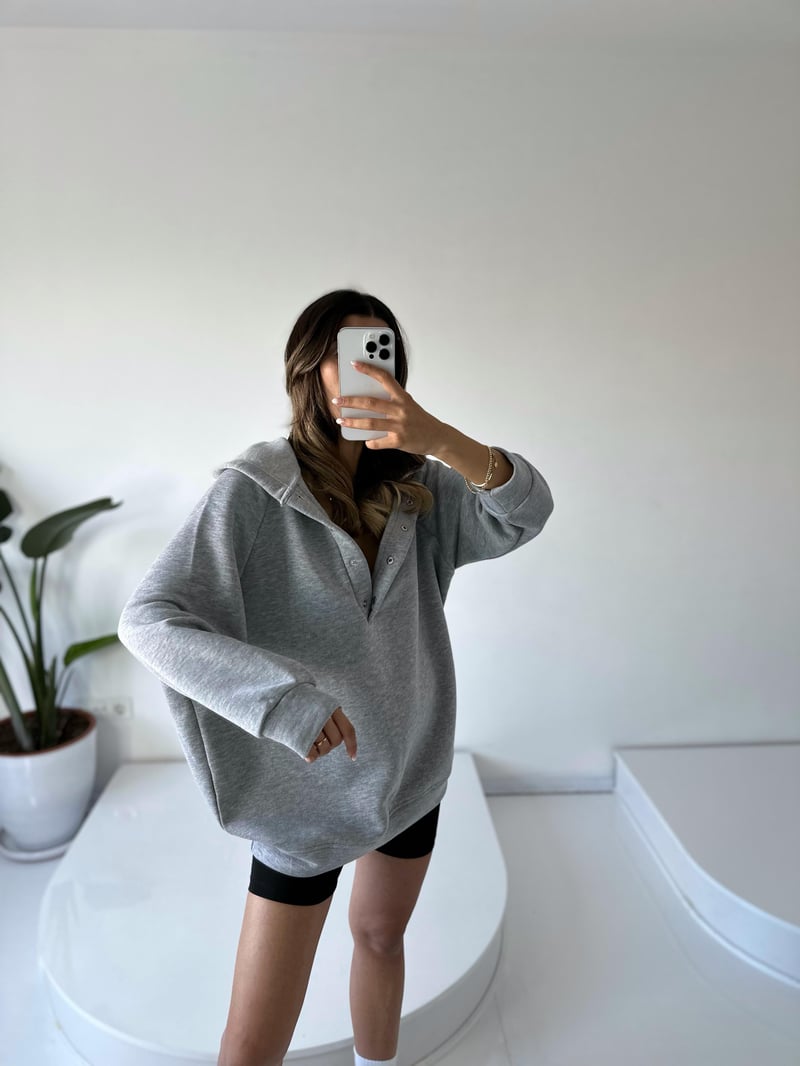 Easy Gri Oversize Çıt Çıtlı Üç İplik Şardonlu  Sweatshirt