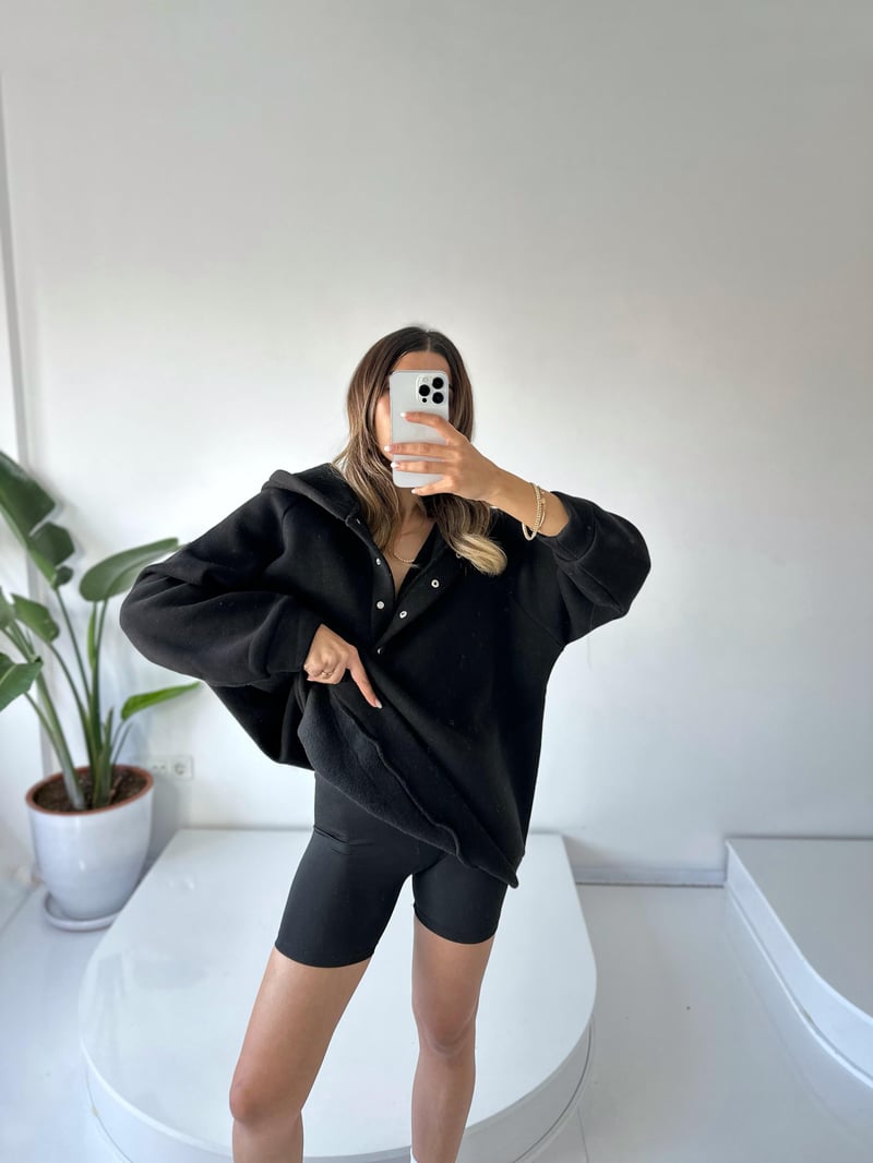 Easy Siyah Oversize Çıt Çıtlı Üç İplik Şardonlu Sweatshirt