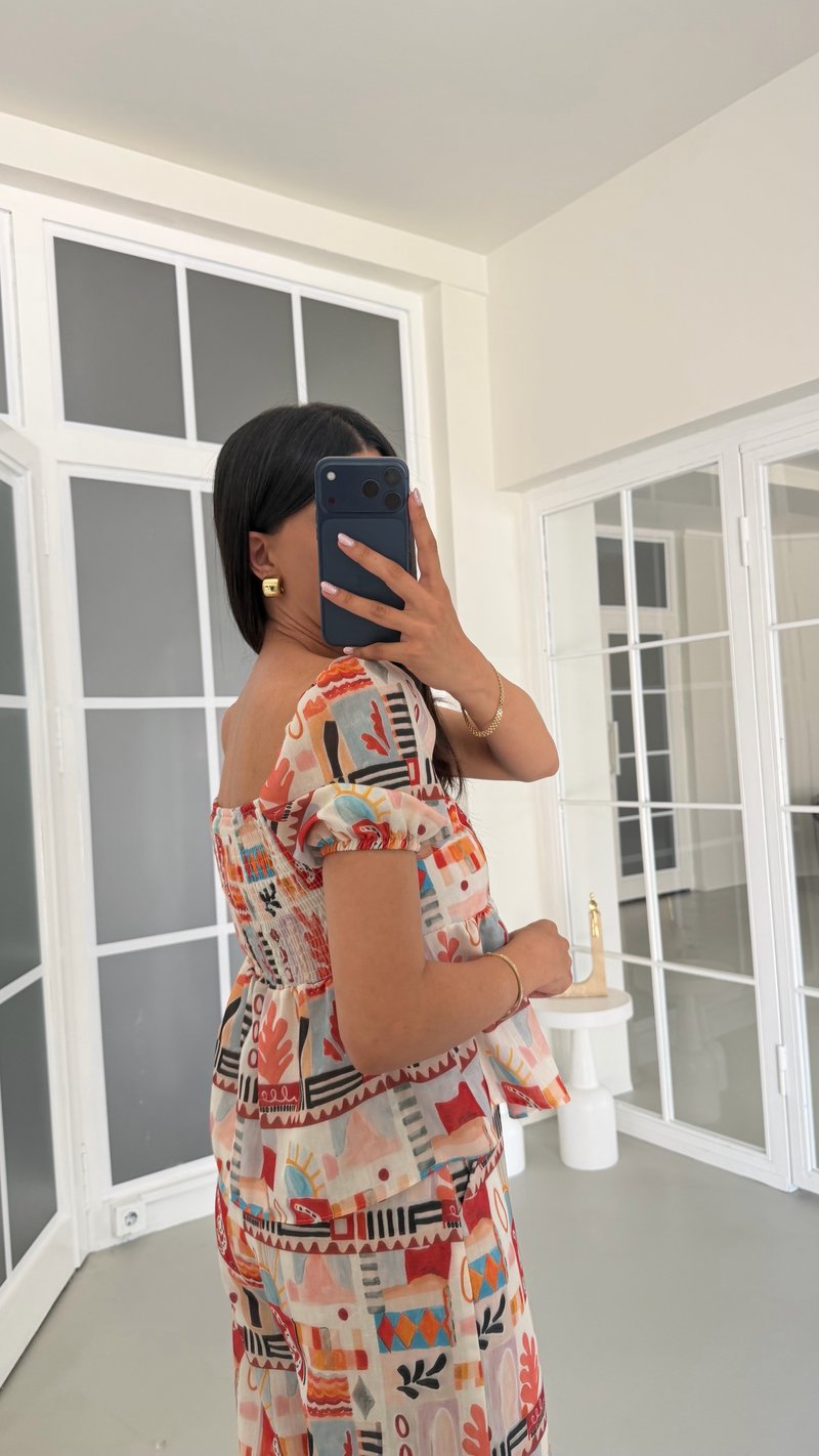 Çok Renkli Balon Kol Bluz Pantolon Desenli Keten Takım GAUS-01758