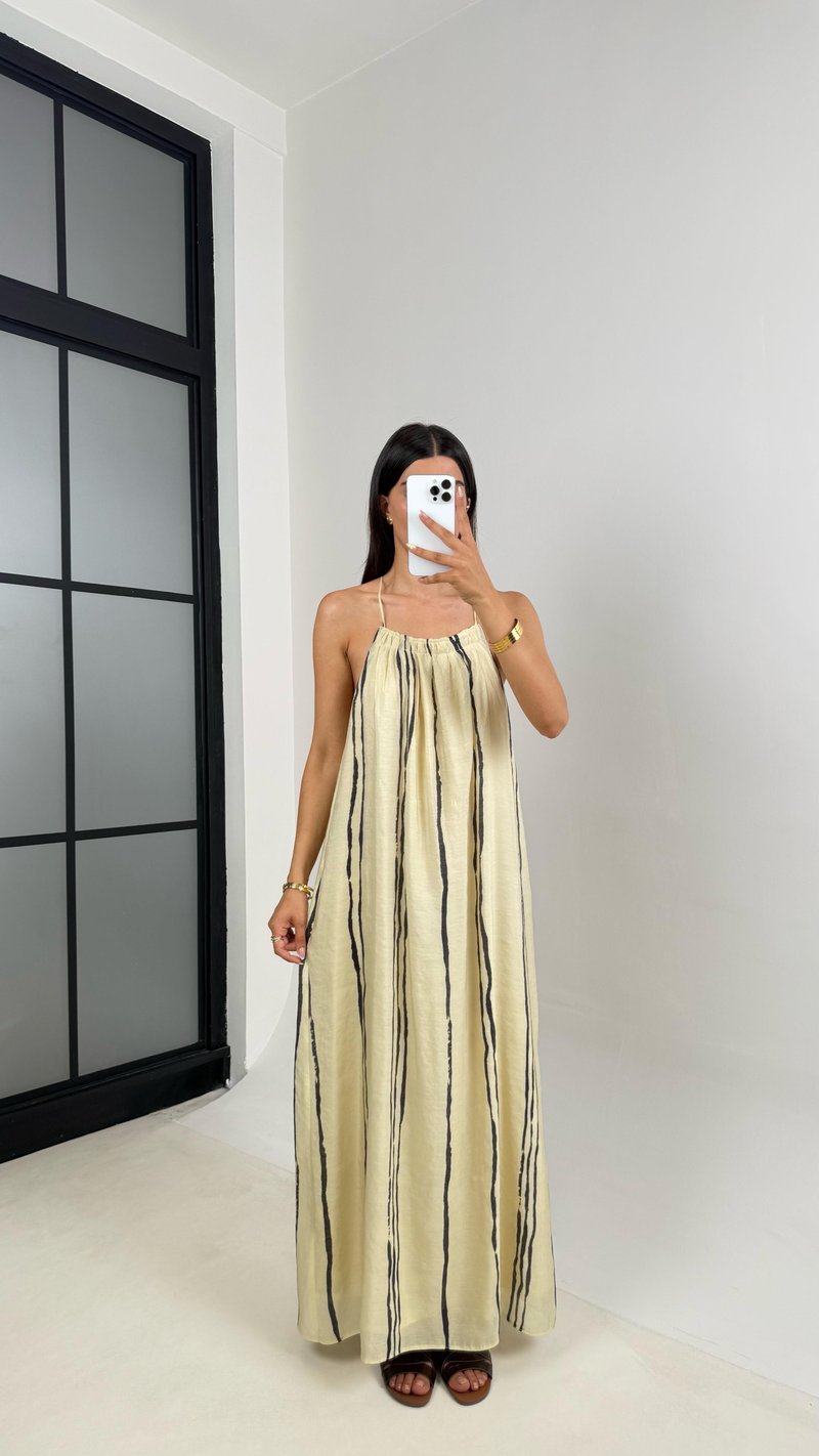 Krem Şerit Detaylı Askılı Astarlı Şifon Elbise Gaus00686