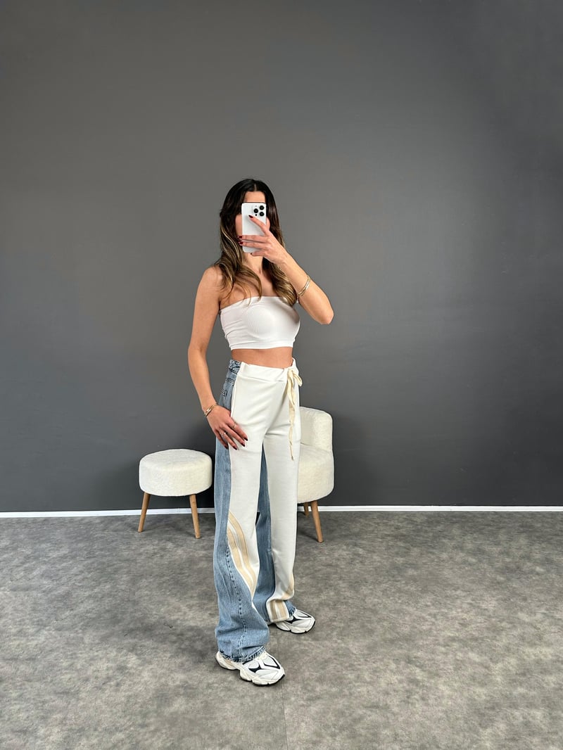 Premium Beyaz Jean Şerit Detaylı Pantolon 