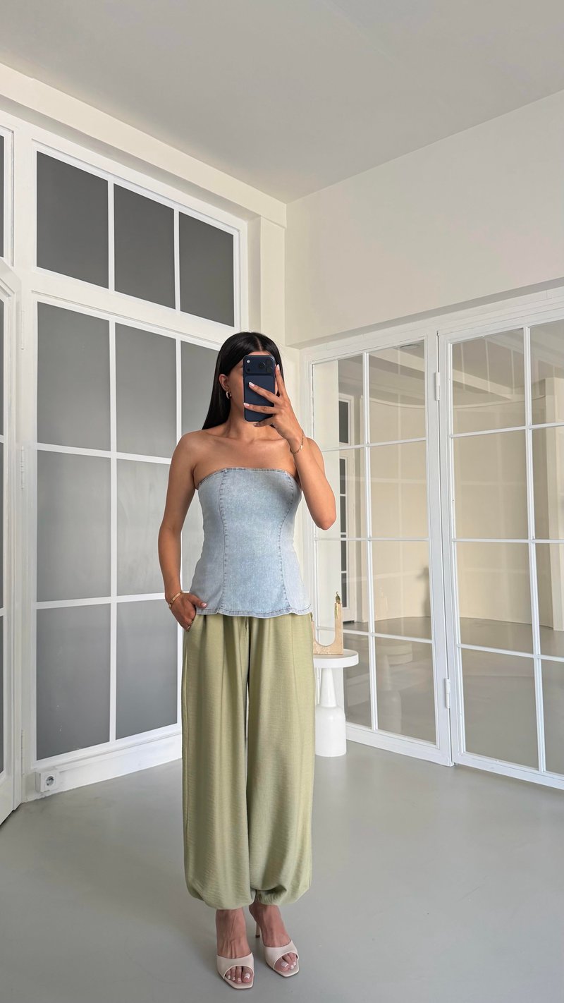 Yeşil Beli Lastikli Keten Şalvar Pantolon GAUS-01518