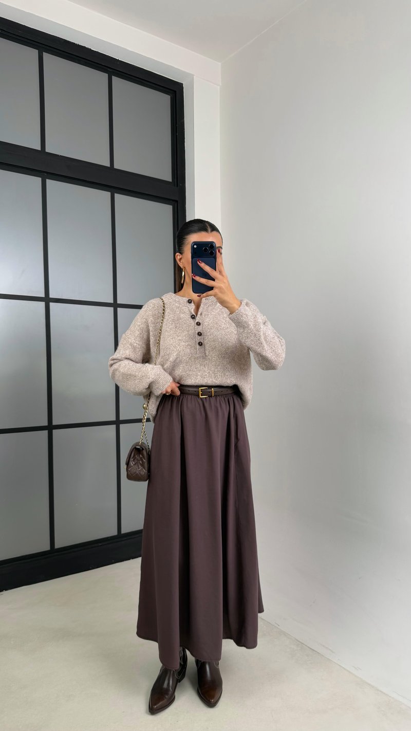 Acı Kahve Beli Lastikli Cepli Tencel Etek GAUS-00670
