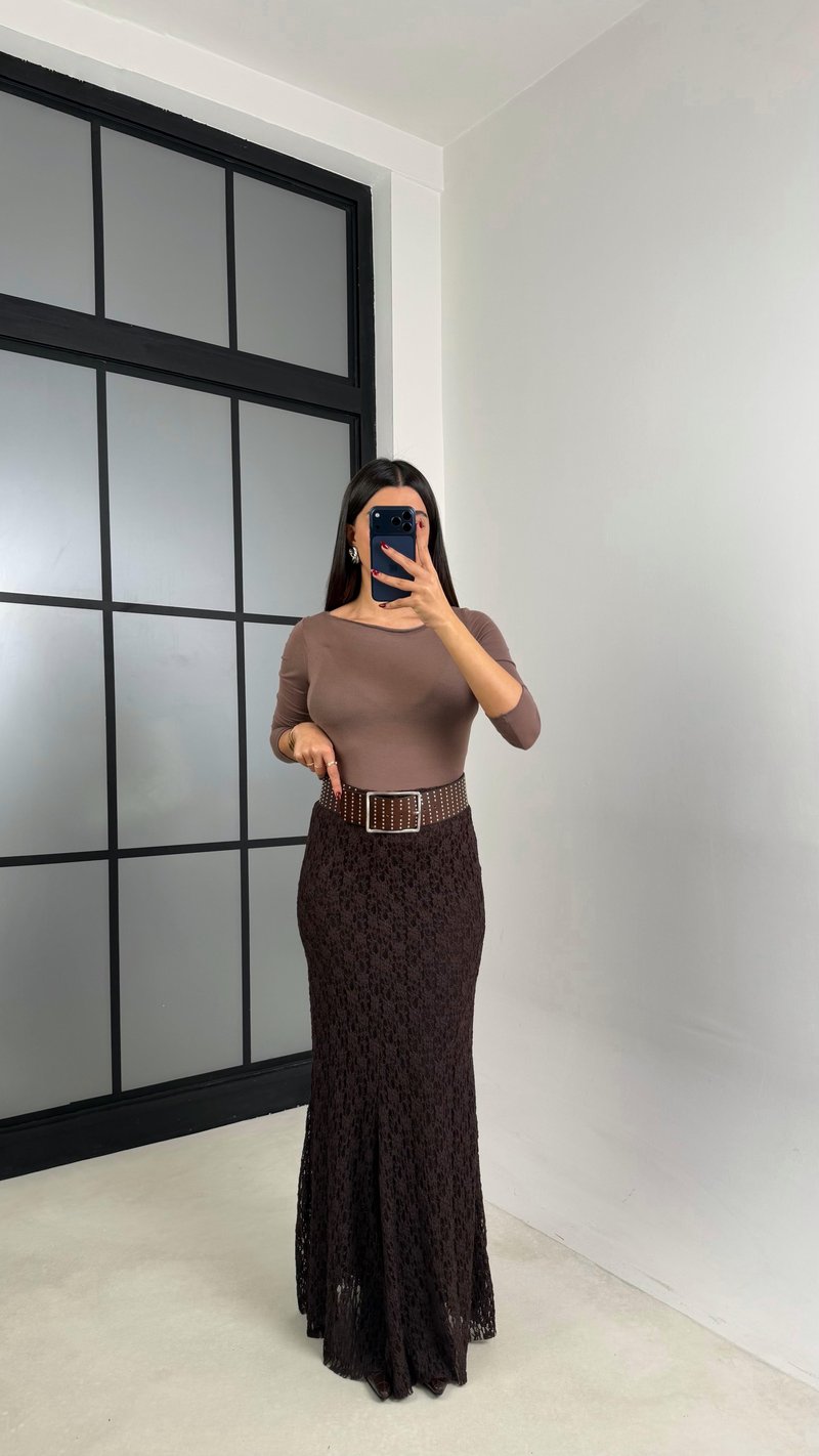 Acı Kahve Maxi Boy Full Astarlı Dantel Etek GAUS-00714