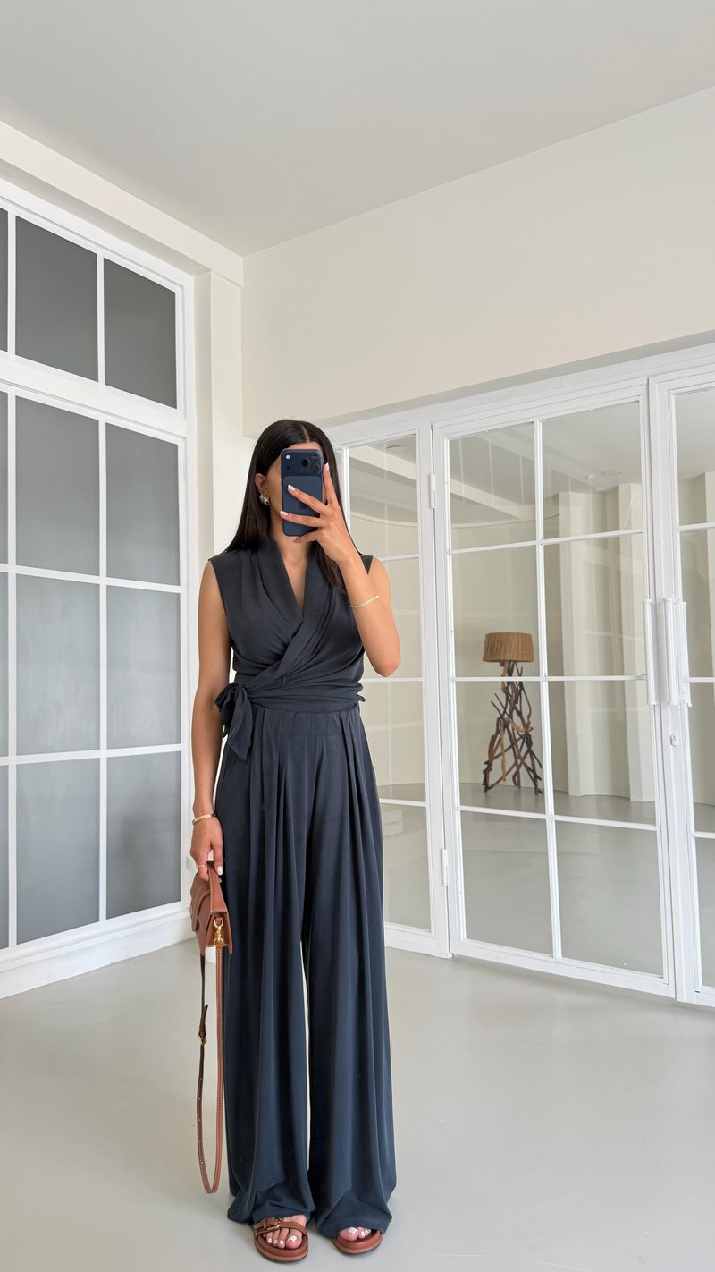 Füme OYS Model Bağlama Detaylı Bluz Beli Lastikli Pantolon İkili Modal Takım GAUS-01662