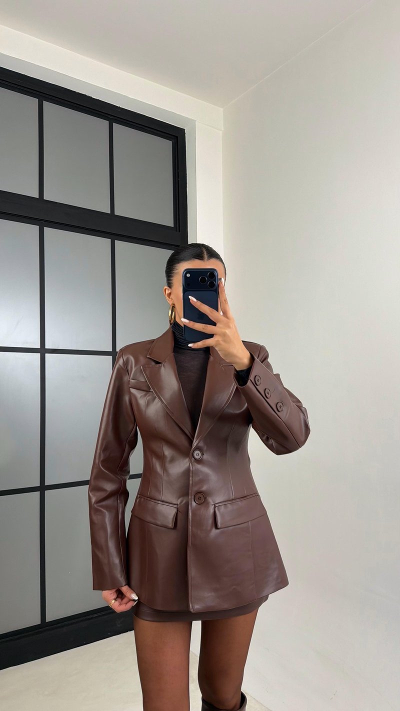 Kahve Astarlı Vatkalı Blazer Ceket Etek Premium Deri Takım GAUS-00657