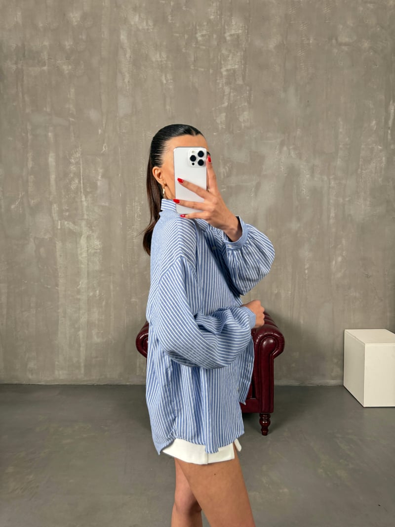 Vendi Mavi Çizgili Oversize Gömlek