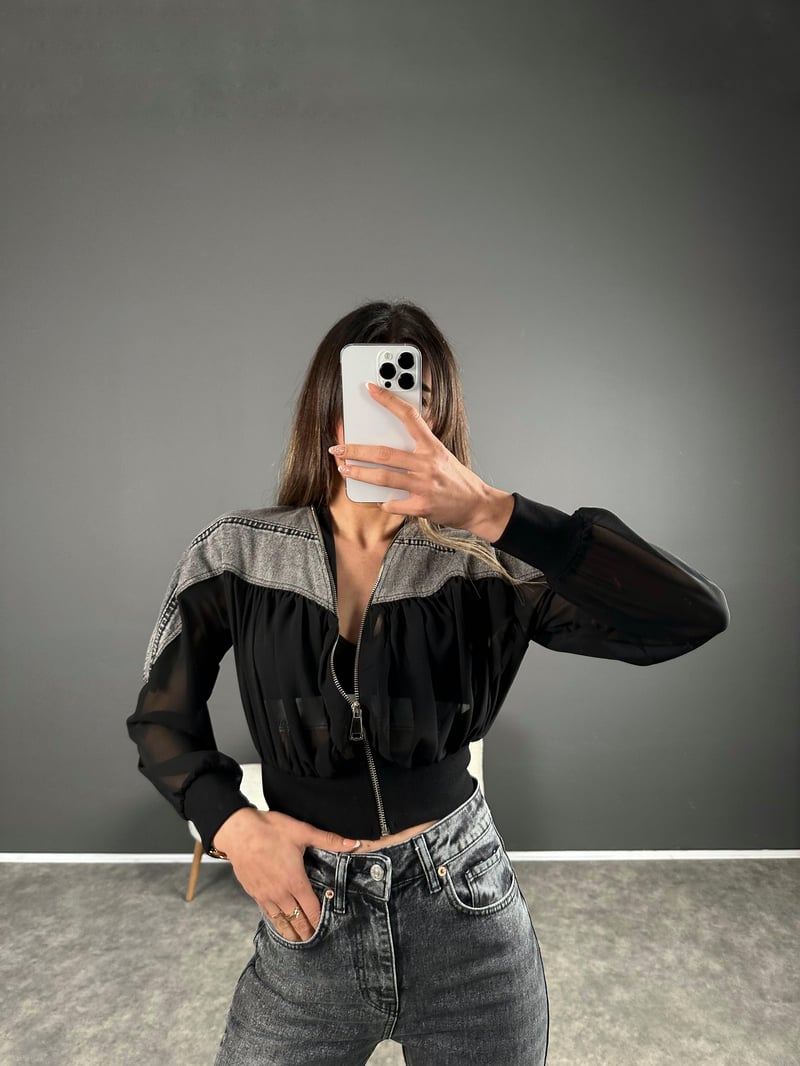 Füme Denim Detaylı Tül Ceket