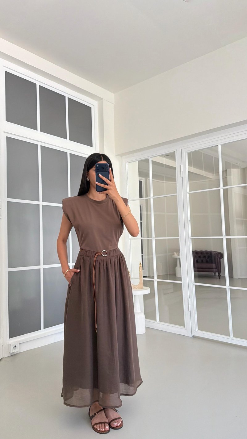 Kahve TWST Model Kemerli Elbise GAUS-01697