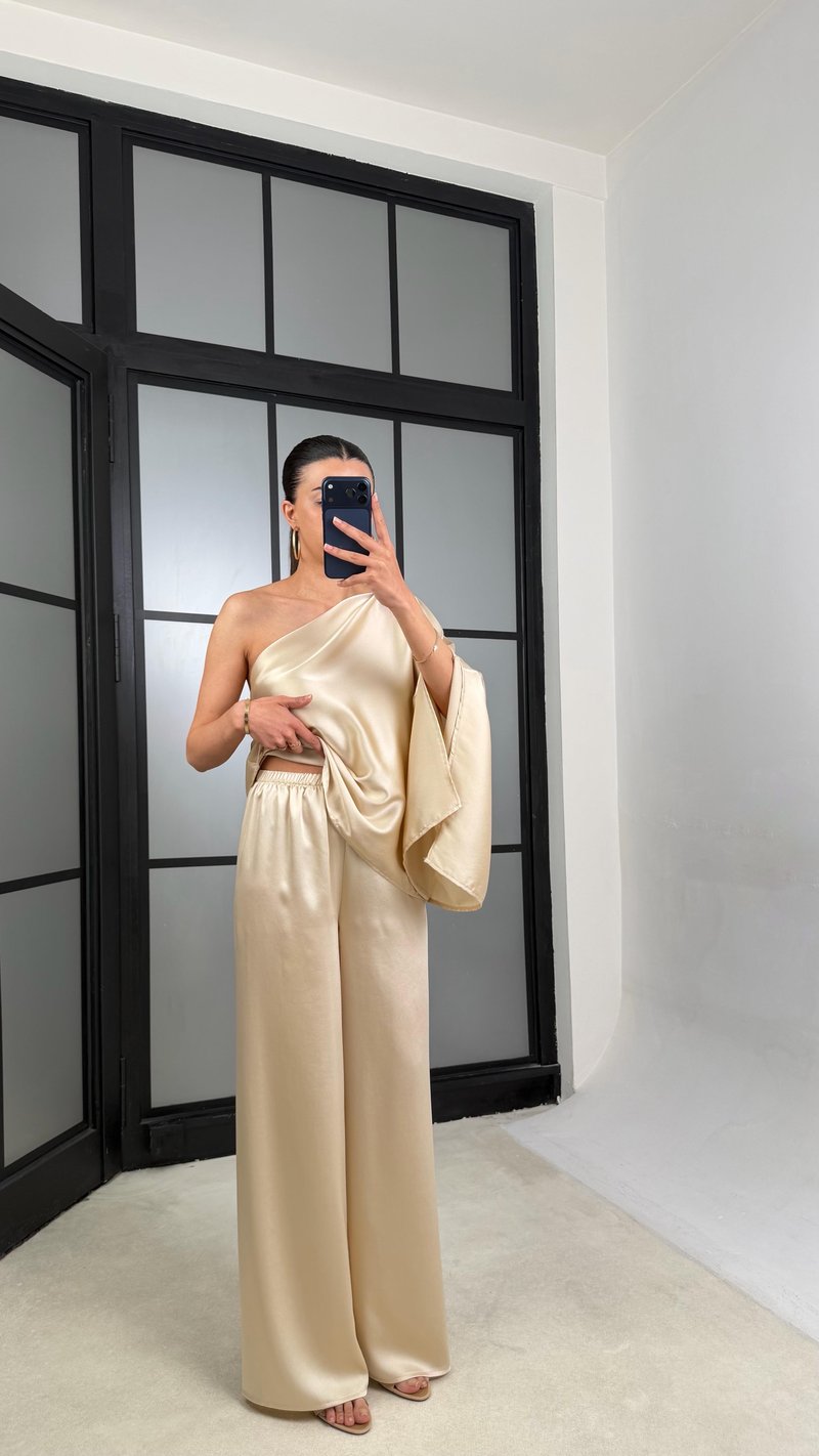 Taş Yarasa Kol Bluz Beli Lastikli Pantolon Saten Takım GAUS-01528