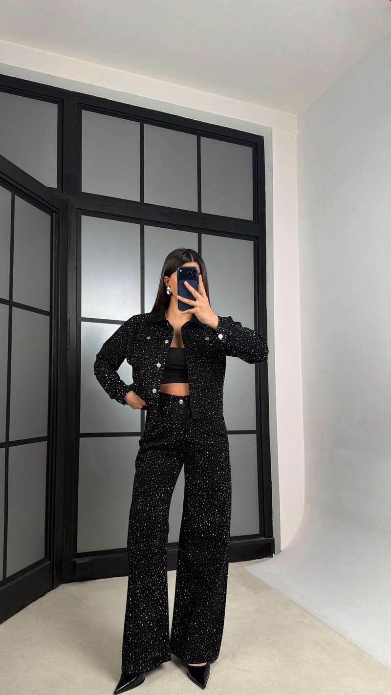Siyah Premium Taşlı Denim İkili Takım GAUS-01191