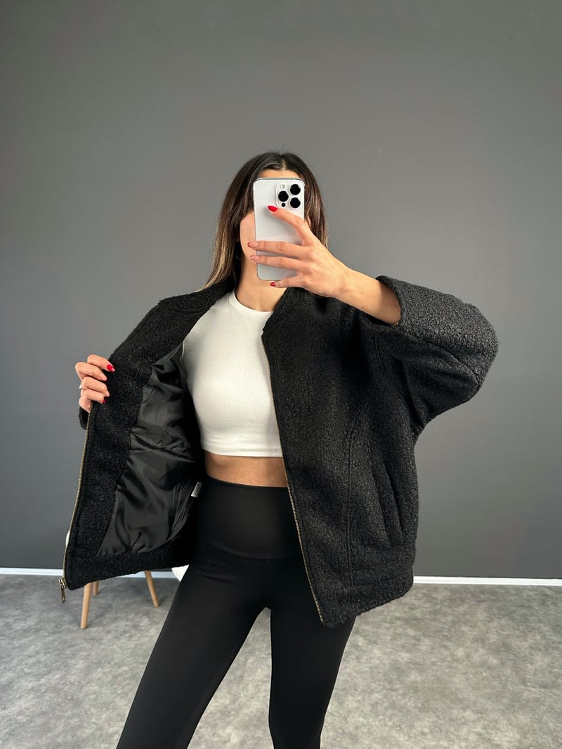 Moe Siyah Buklet Teddy Bomber Ceket 
