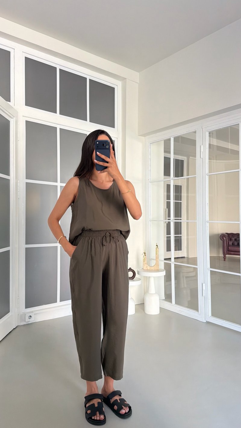 Haki Bluz Beli Lastikli Pantolon İkili Tencel Takım GAUS-01769