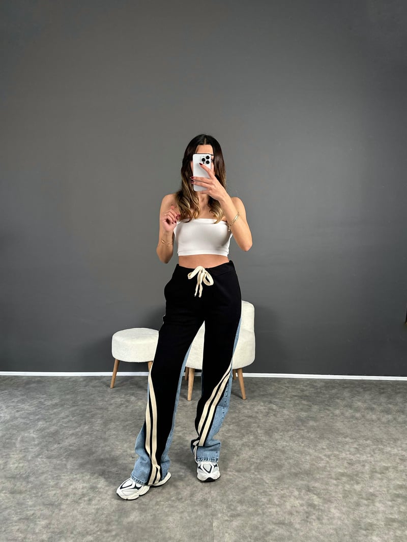 Premium Siyah Jean Şerit Detaylı Pantolon