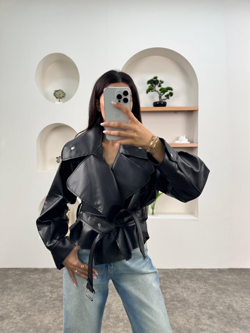 Wos Siyah Astarsız Kemerli Oversize Muadil Deri Ceket