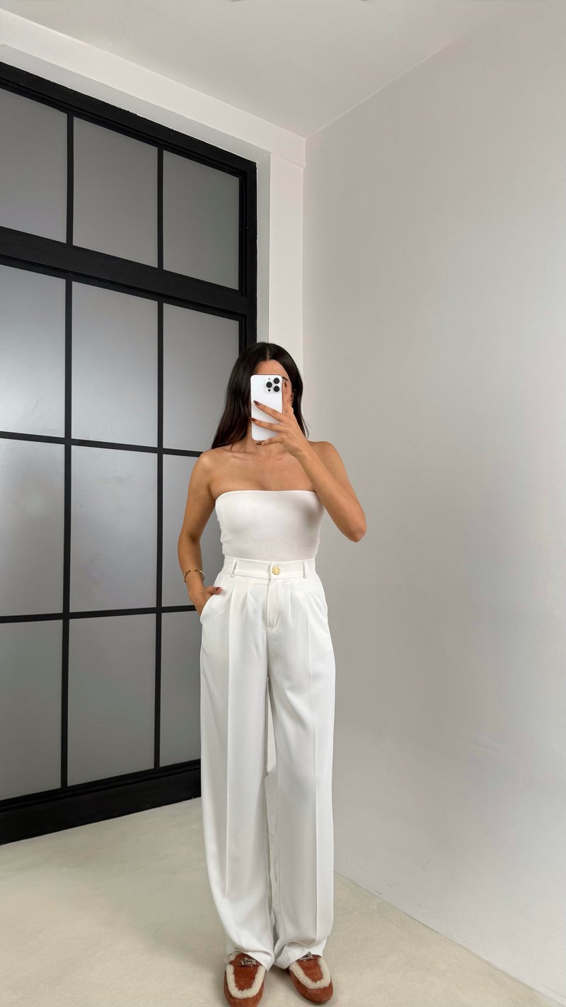 Beyaz Gold Düğmeli Beli Lastikli Premium Pantolon GAUS-00141