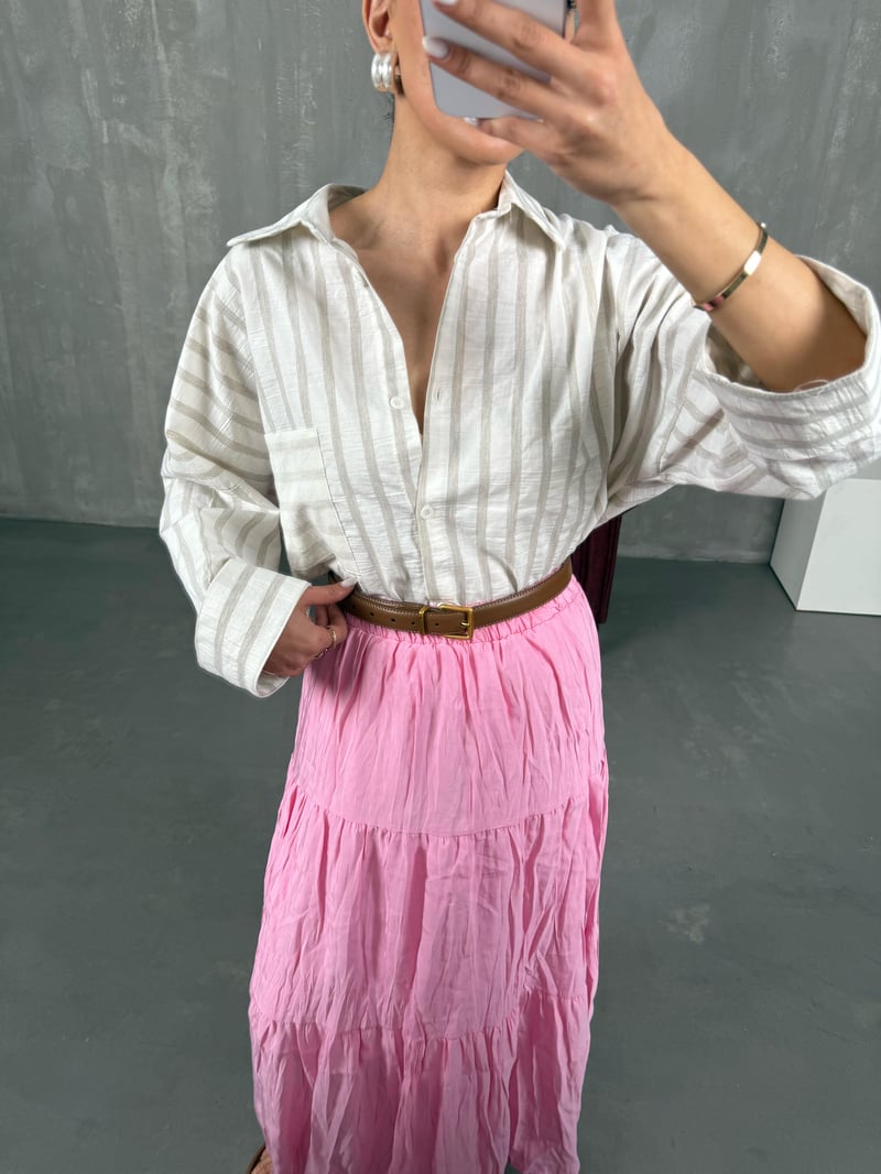 Pink Crinkle Flared Skirt with Elastic Waist Gaus00018