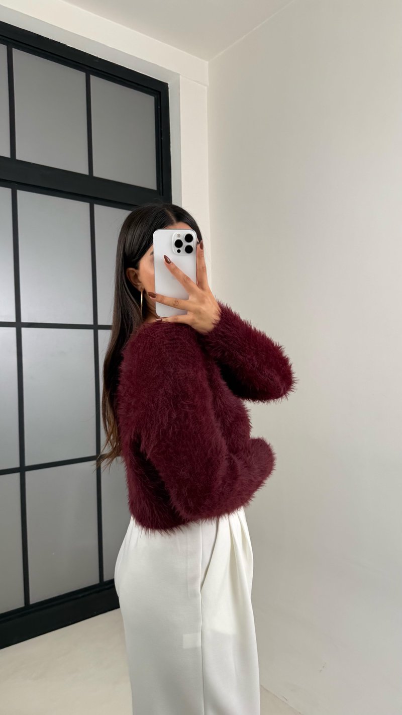 Bordo Peluş Tüylü Düğmeli Crop Hırka GAUS-00447