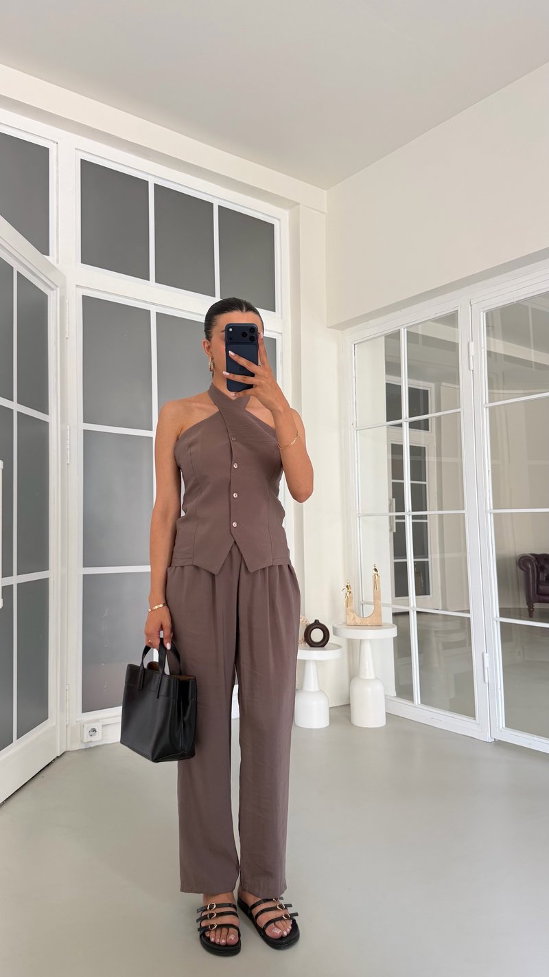 Vizon Halter Yaka Yelek Beli Lastikli Pantolon Muadil Takım GAUS-01770
