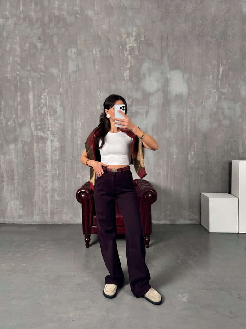 Targi Bordo Yüksek Bel Wide Leg Jean