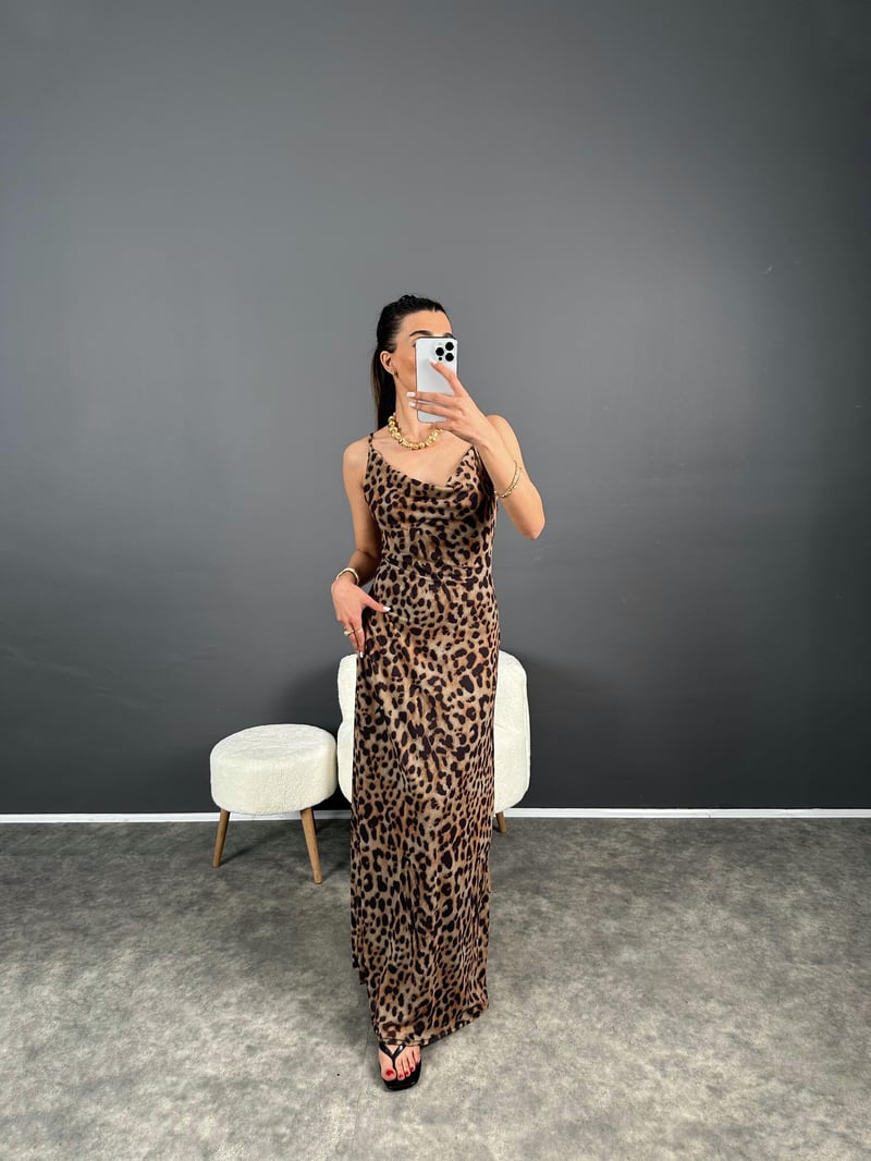Pinterest Leoparlı Astarlı Askılı Uzun Elbise 