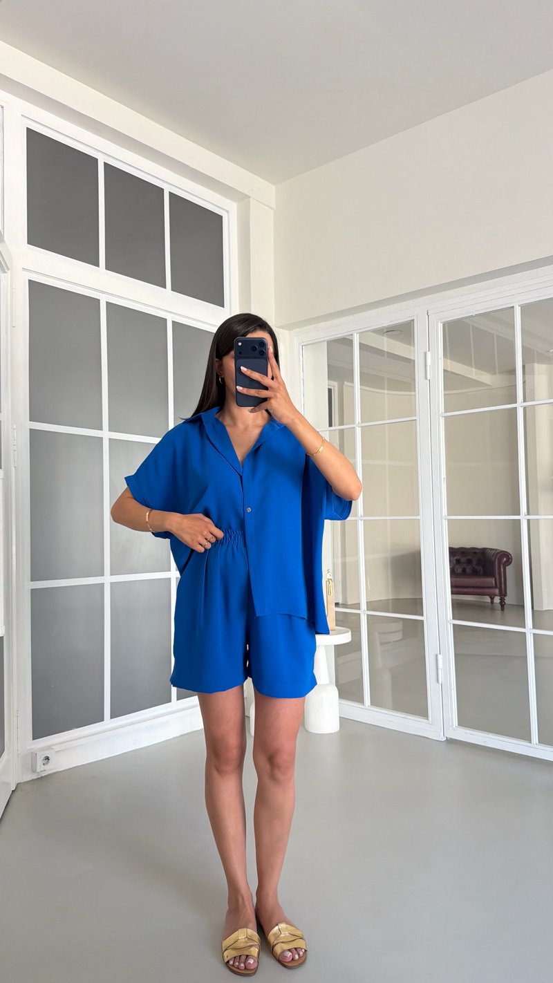 Saks Mavi Gömlek Beli Lastikli Şort Basic Takım GAUS-01721