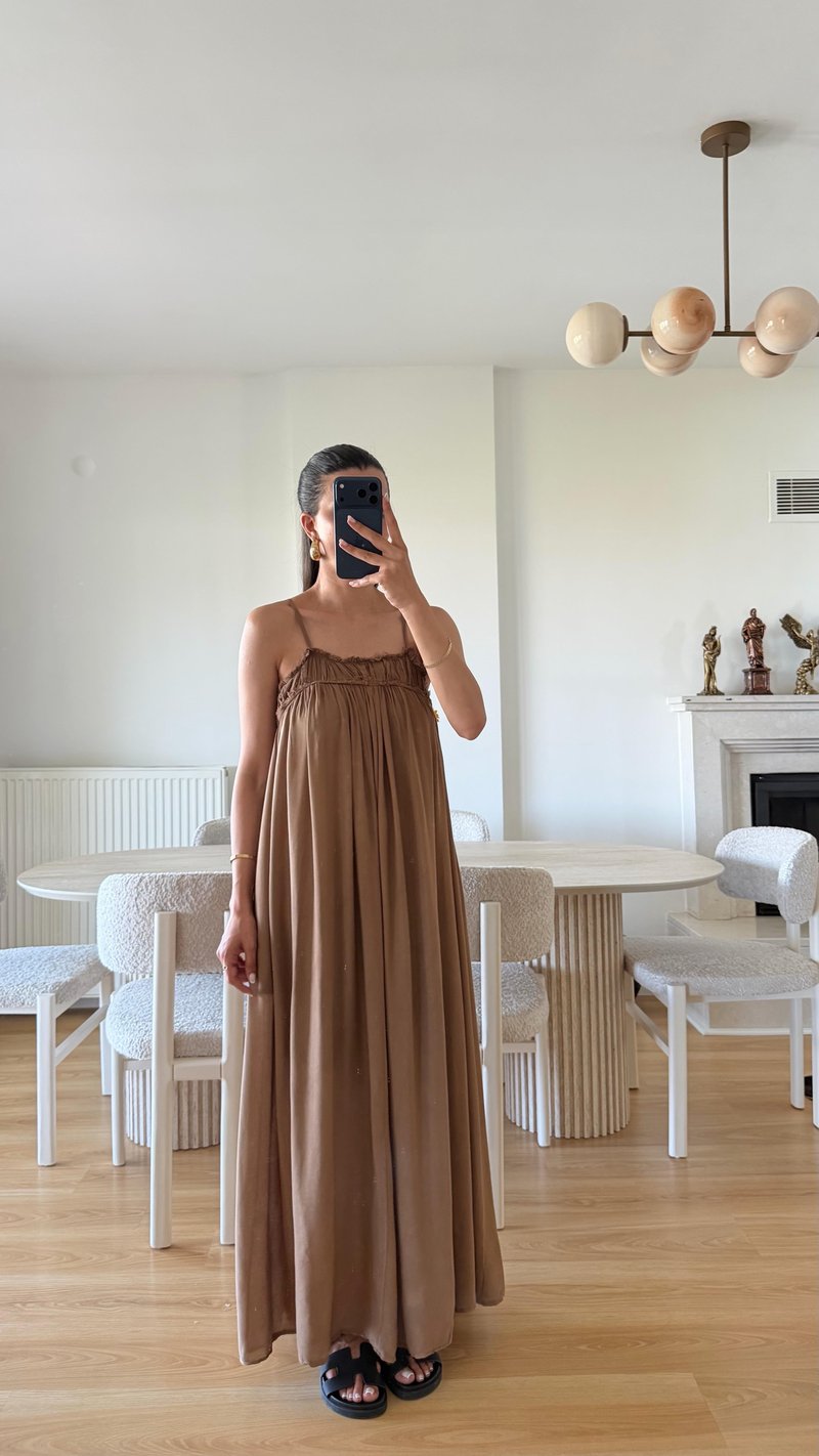 Kahve Vual Kumaş Ayarlanabilir Askılı Elbise GAUS-01693