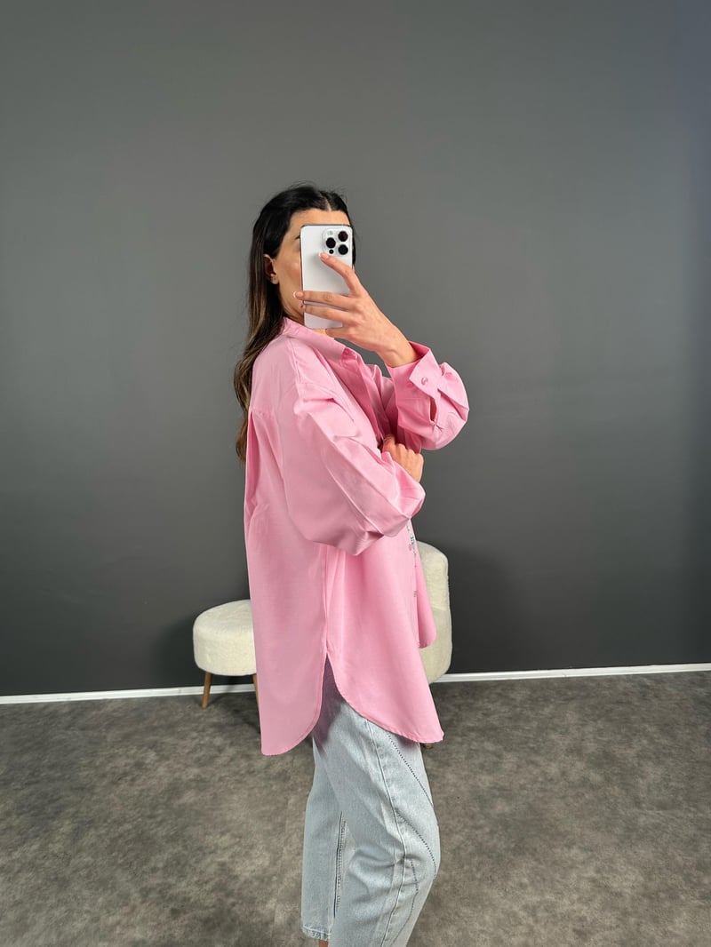 Min Pembe Oversize Gizli Düğmeli Gömlek
