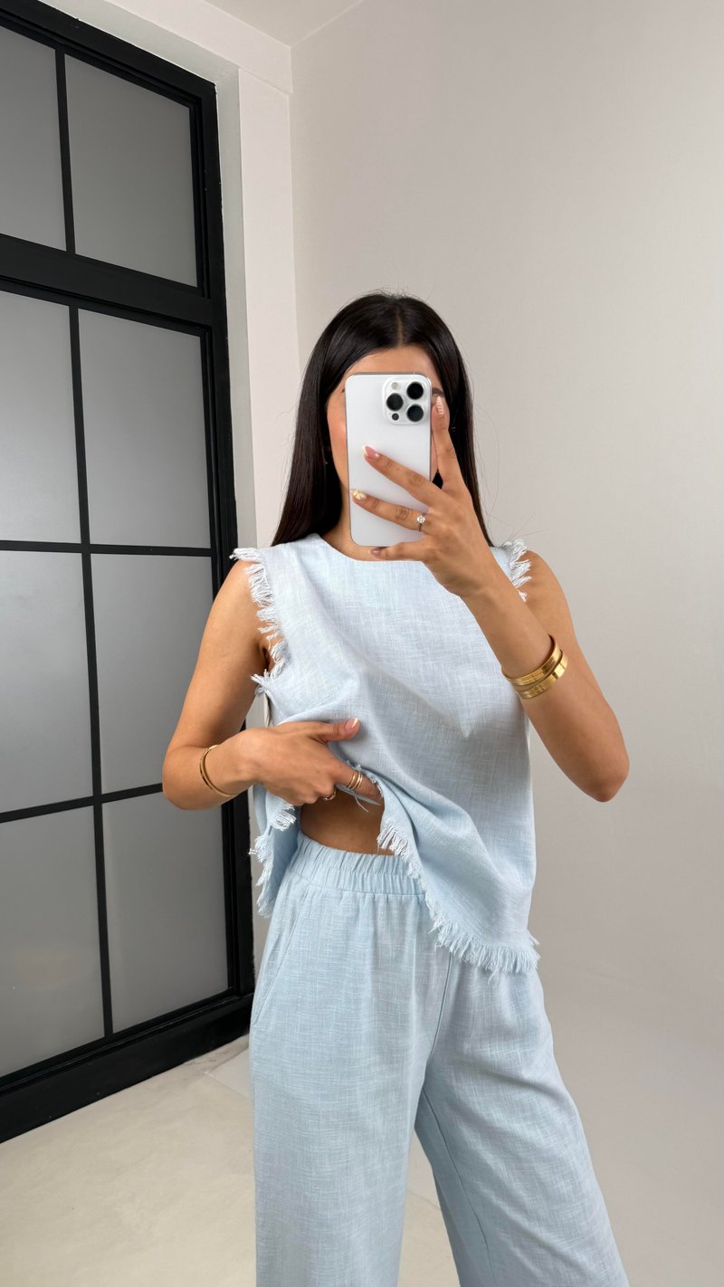 Açık Mavi Püskül Detaylı Bluz Beli Lastikli Cepli Pantolon Keten Takım Gaus00646 
