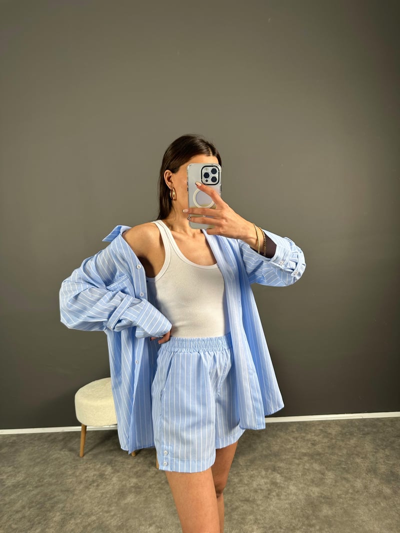 Mavi Çizgili Zr Model Şortlu Gömlek Takım 