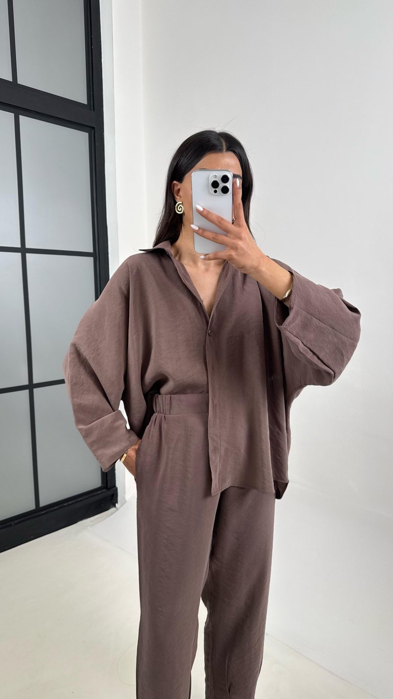 Kahve Önü Düğmeli Gömlek Beli Lastikli Cepli Pantolon MD Muadil Tencel Takım TNCL01 Gaus00390