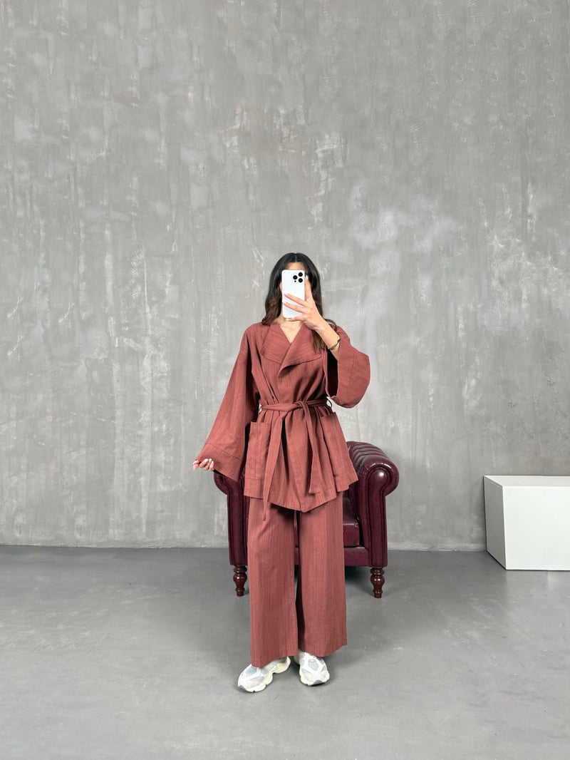 Sansa Kiremit Kuşaklı Keten Kimono Takım