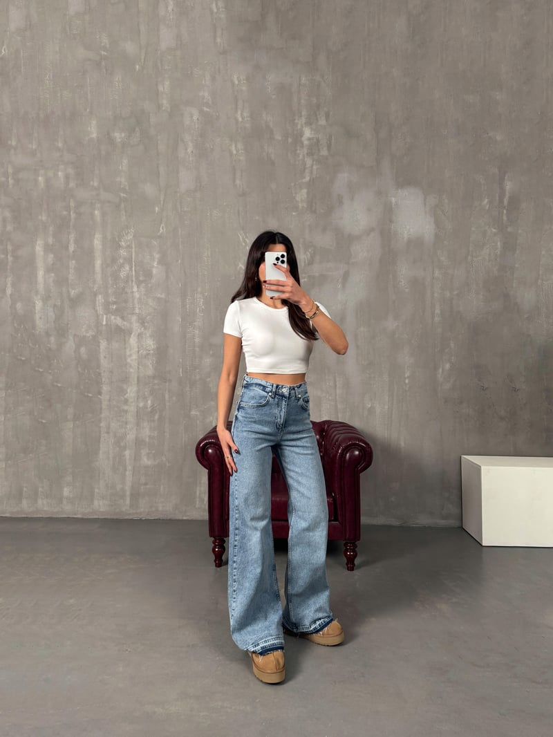Chest Açık Mavi Paça Detaylı Wide Leg Jean