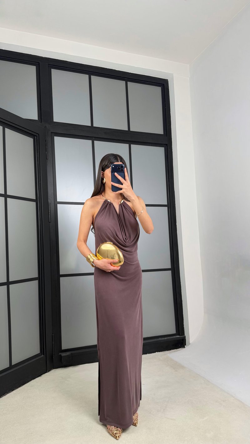 Kahve Kolye Detaylı Premium Modal Kumaş Elbise GAUS-01367