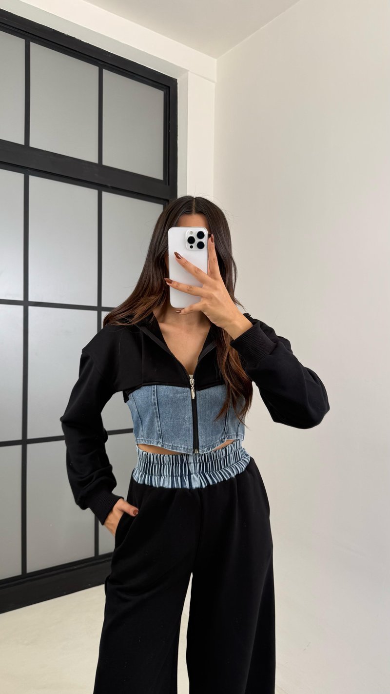 Siyah Denim Detaylı Kapüşonlu Hırka Beli Lastikli Pantolon Tasarım Takım GAUS-00444