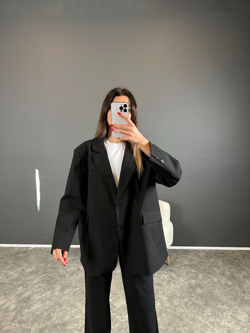 Pascal Siyah Oversize Astarlı Blazer Ceket 