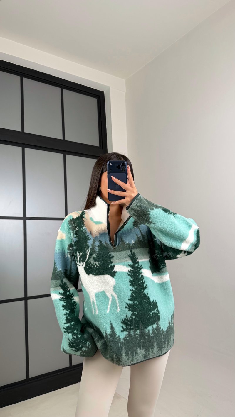 Turkuaz Fermuarlı Geyik Desenli Polar Sweatshirt GAUS-00870 GAUS-00723