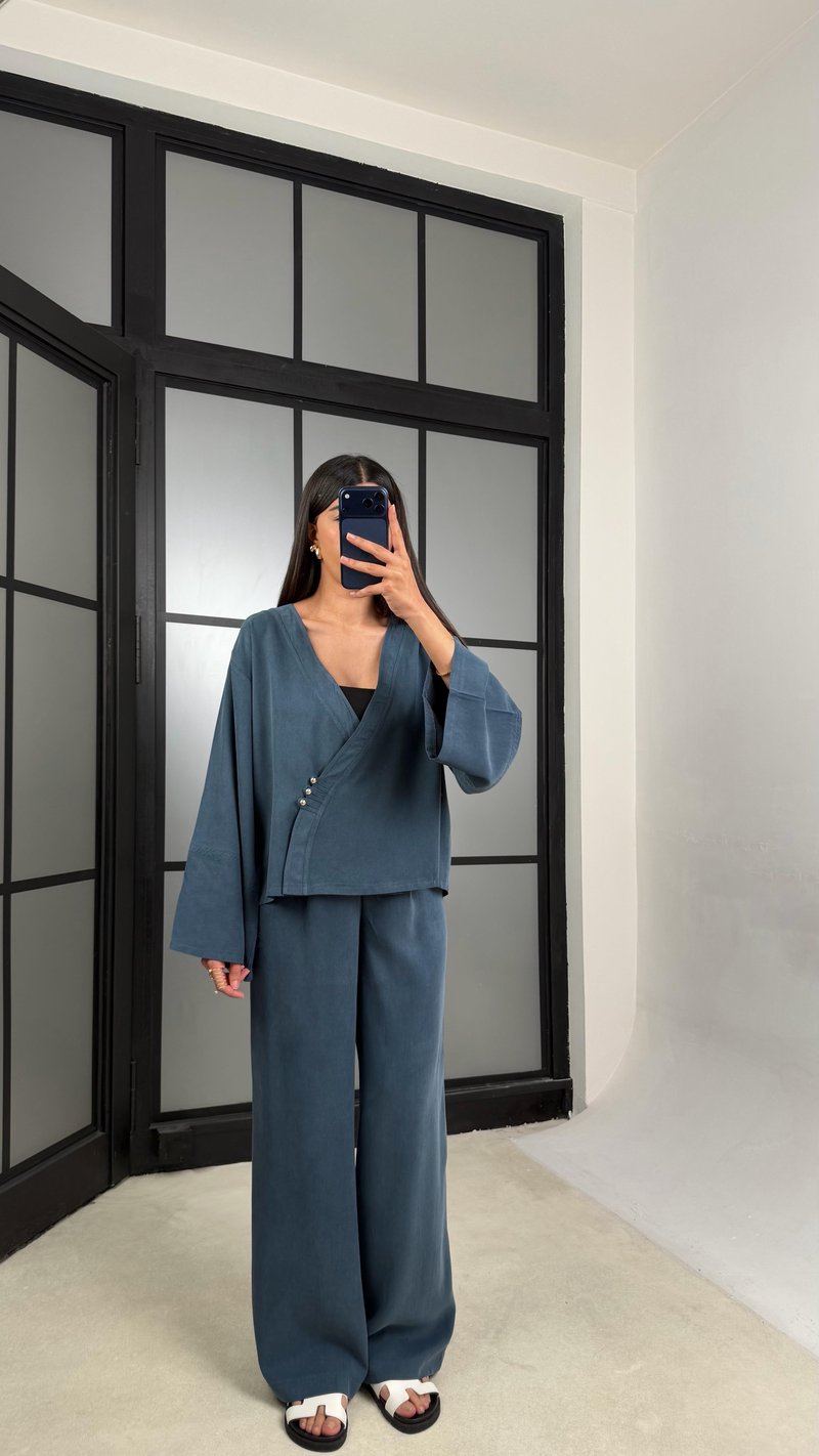 Mavi Zımba Detaylı Kimono Pantolon MD Muadil Tencel Takım GAUS-01451