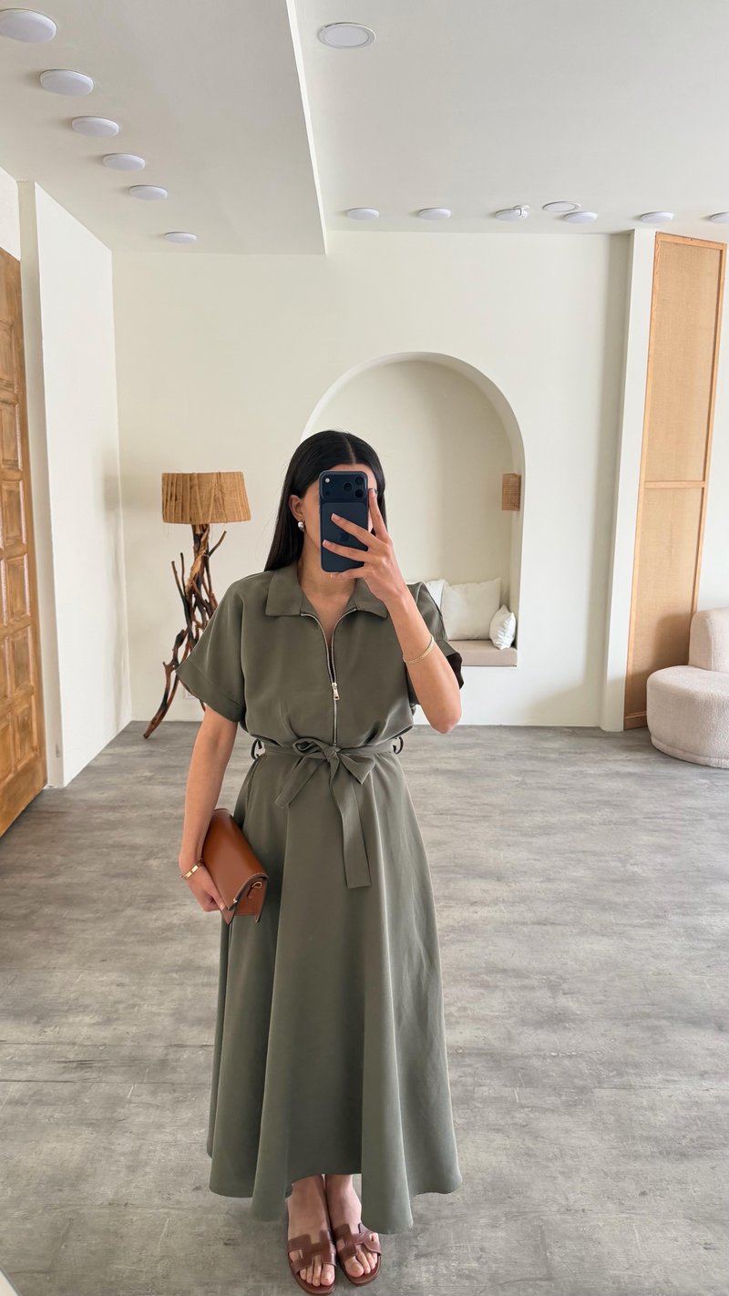 Yeşil Polo Yaka Kuşaklı Tencel Kumaş Elbise GAUS-01429