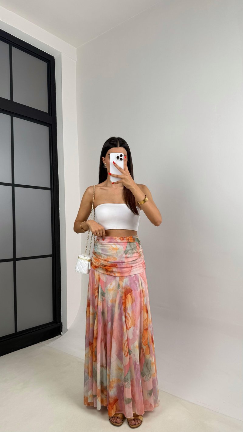 Pembe Çok Renkli Desenli Drape Detaylı Astarlı Şifon Etek GAUS-0023