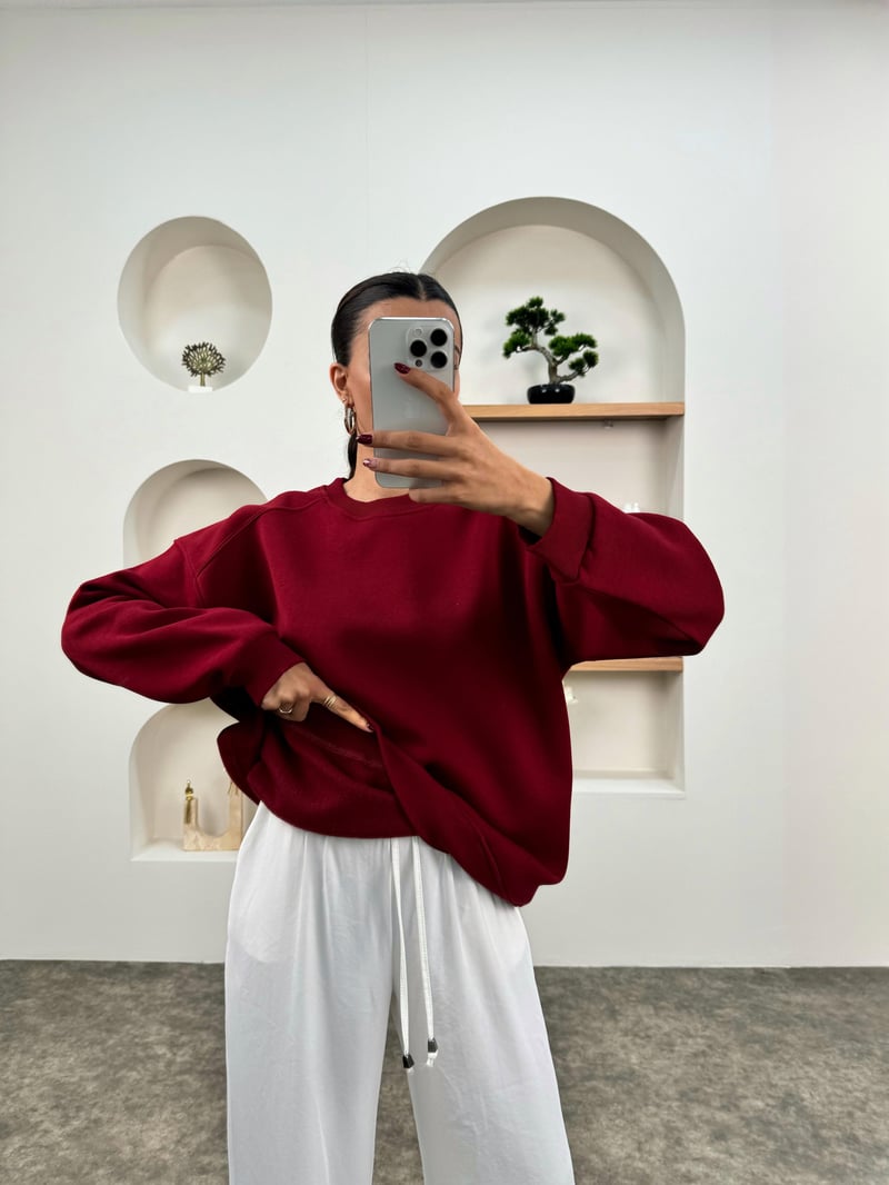Meksa Bordo Bisiklet Yaka Şardonlu Sweatshirt