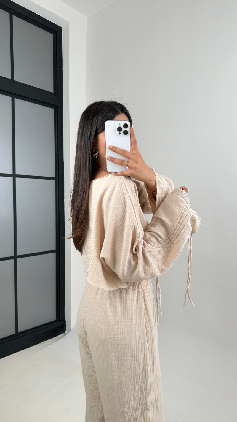 Taş Kol Büzgülü Crop Beli Lastikli Pantolon Tasarım Müslin Takım Gaus00581