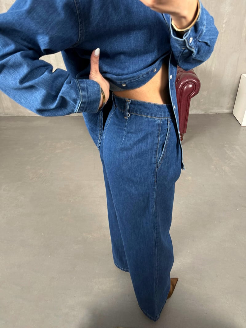 Orta Mavi Çıtçıt Düğmeli Gömlek Pantolon Denim Takım Gaus0002