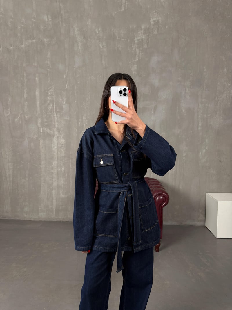 Lovato Lacivert Düğmeli Cep Detaylı Kuşaklı Denim Takım 
