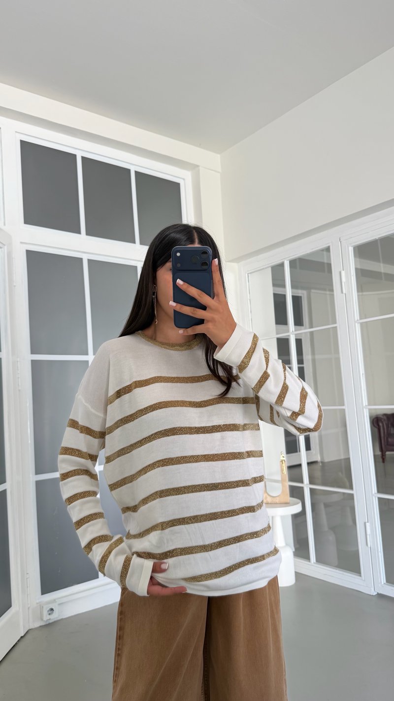 Krem Sim Şeritli Triko Bluz GAUS-02024