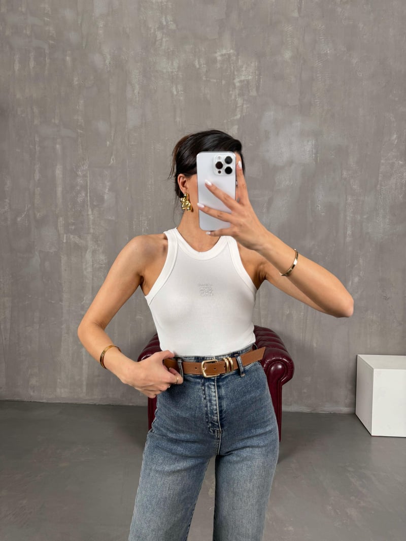 Beyaz Taş Baskılı Sıfır Kol Tshirt Gaus00046