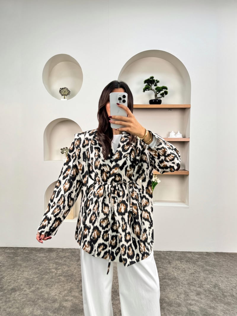 Zena Leopar Desenli Astarlı Bağlamalı Premium Ceket