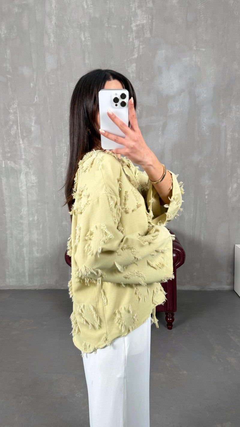 Yeşil Zenit Püskül Detaylı Bağlamalı Keten  Gömlek GAUS-01147