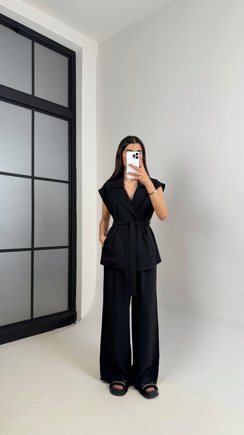 Siyah Cepli Kuşaklı Yelek Beli Lastikli Pantolon Tencel Takım Gaus00433