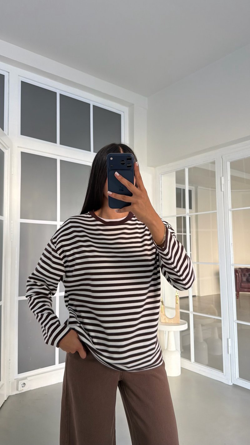 Kahve Çizgili Basic Bluz GAUS-02015